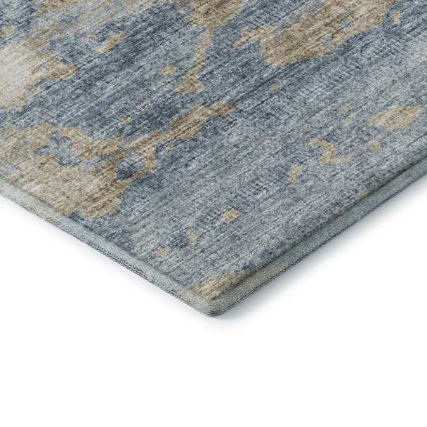 8' Blue Silver And Gold Abstract Washable Round Rug With UV Protection