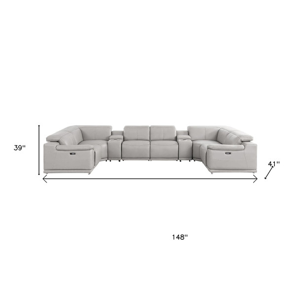 Ash Gray Leather Power Reclining U Shaped Eight Piece Corner Sectional With Console
