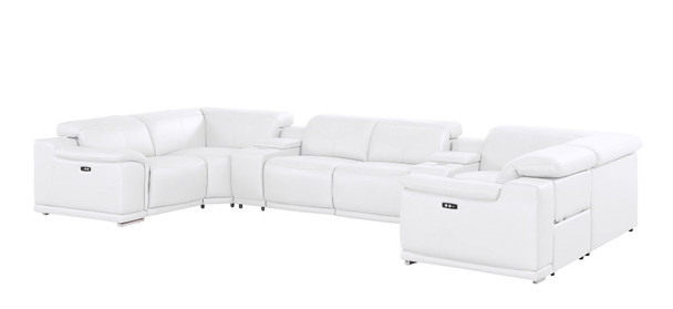 White Leather Power Reclining U Shaped Eight Piece Corner Sectional With Console