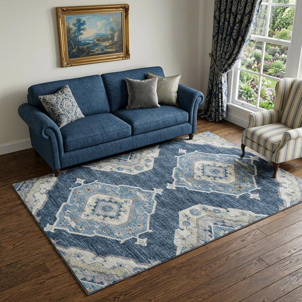 5' X 8' Blue And Ivory Tribal Distressed Washable Area Rug With UV Protection