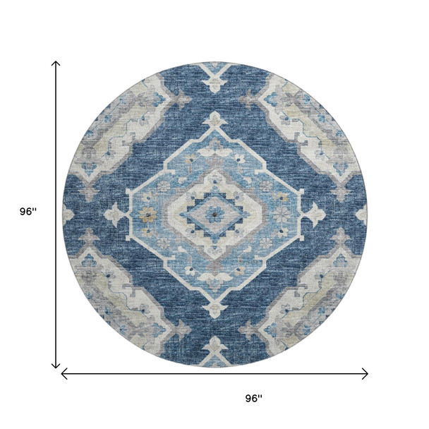 8' Blue And Ivory Tribal Distressed Washable Round Rug With UV Protection