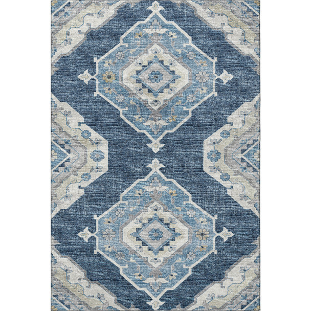 8' X 10' Blue And Ivory Tribal Distressed Washable Area Rug With UV Protection