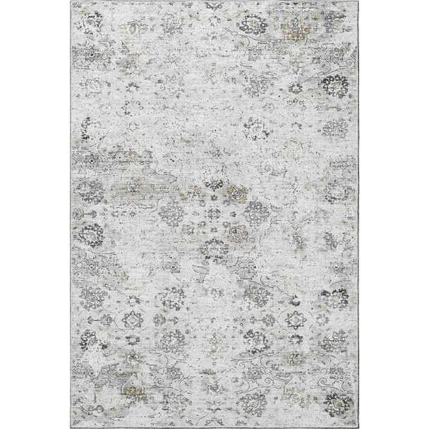 10' X 14' Light Gray And Charcoal Floral Medallion Distressed Washable Area Rug With UV Protection