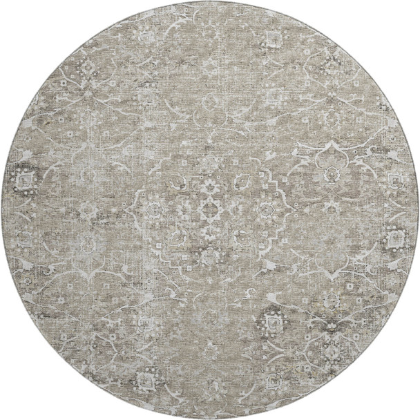 8' Stone And Coffee Floral Medallion Distressed Washable Round Rug With UV Protection