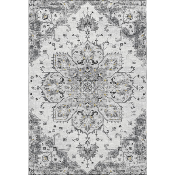 3' X 5' Light Gray Ivory And Gold Floral Medallion Distressed Washable Area Rug With UV Protection