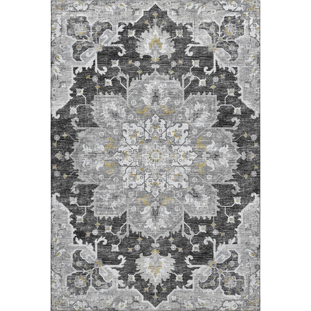 3' X 5' Graphite Gold And Charcoal Floral Medallion Washable Area Rug With UV Protection