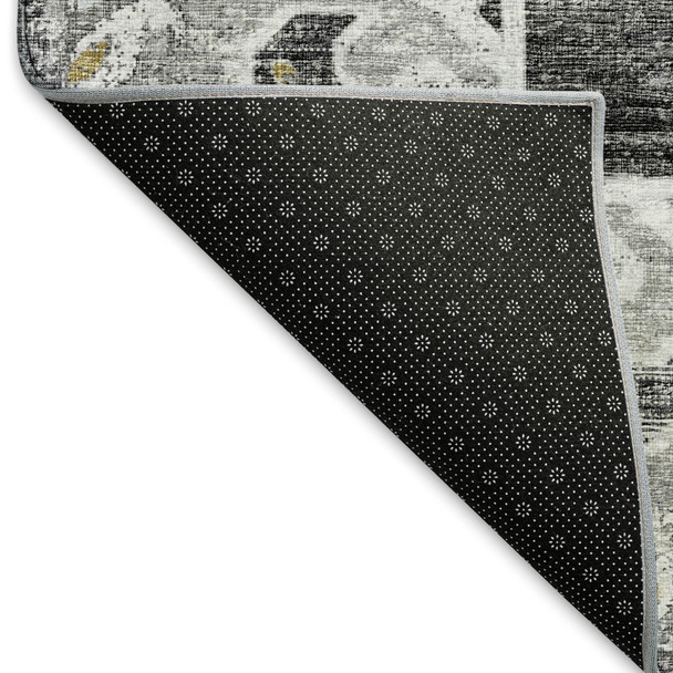 9' X 12' Graphite Gold And Charcoal Floral Medallion Distressed Washable Area Rug With UV Protection
