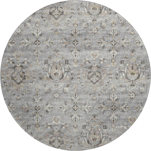 8' Ash Gray Brown And Ivory Floral Medallion Distressed Washable Round Rug With UV Protection