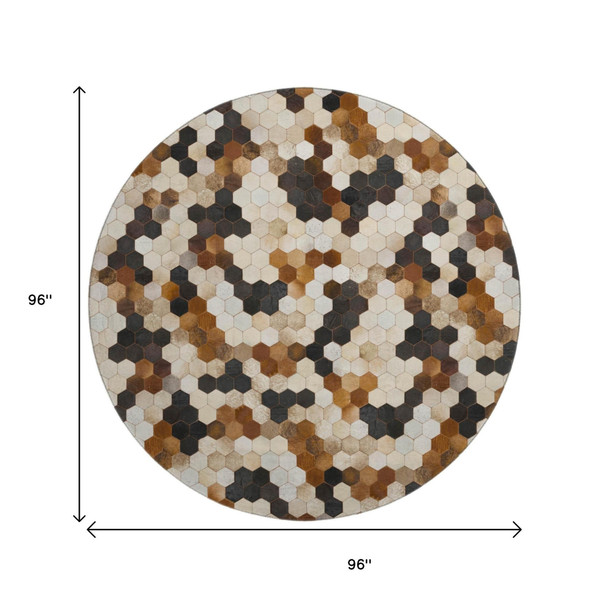 8' Black Brown And Ivory Geometric Washable Round Rug With UV Protection