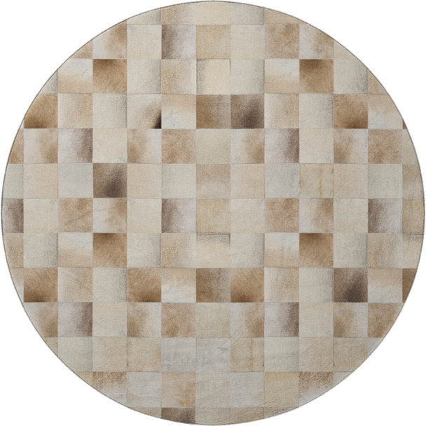8' Taupe Ivory And Beige Patchwork Washable Round Rug With UV Protection