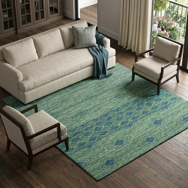 10' X 14' Green And Navy Blue Geometric Washable Area Rug With UV Protection