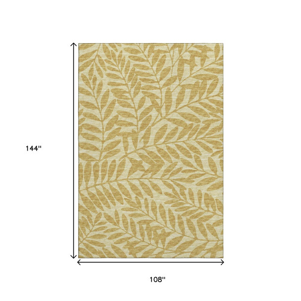 9' X 12' Gold And Ivory Botanical Leaves Washable Area Rug With UV Protection