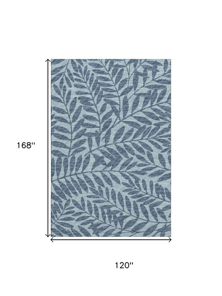 10' X 14' Blue And Ivory Botanical Leaves Washable Area Rug With UV Protection