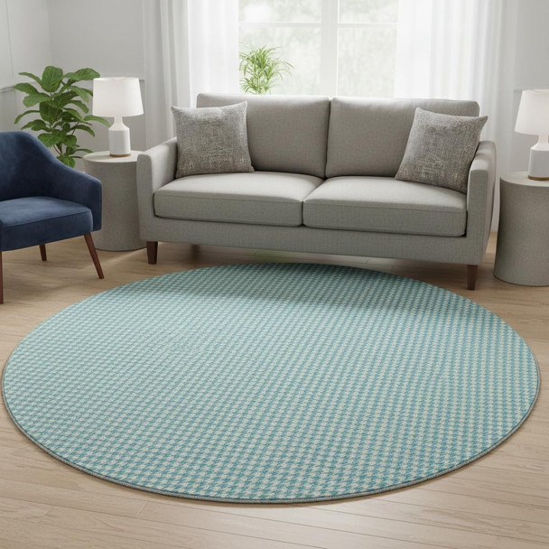 8' Aqua And White Houndstooth Washable Round Rug With UV Protection