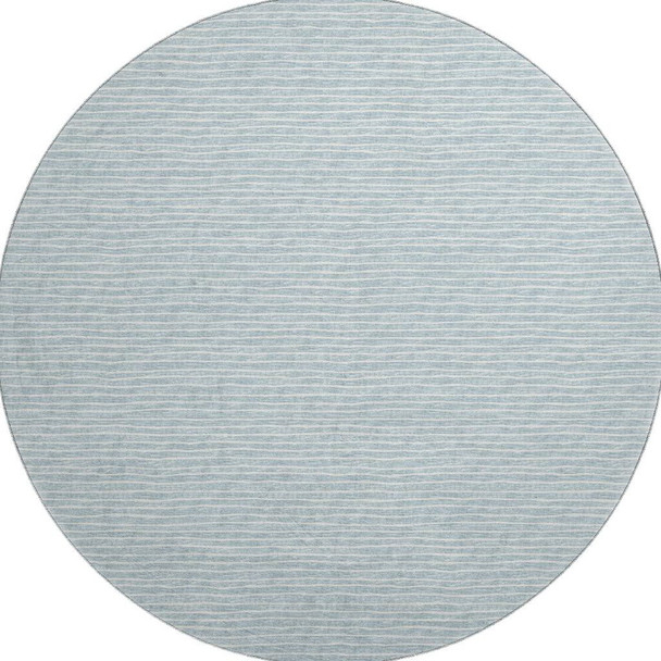 8' Sky Blue And Ivory Striped Washable Round Rug With UV Protection