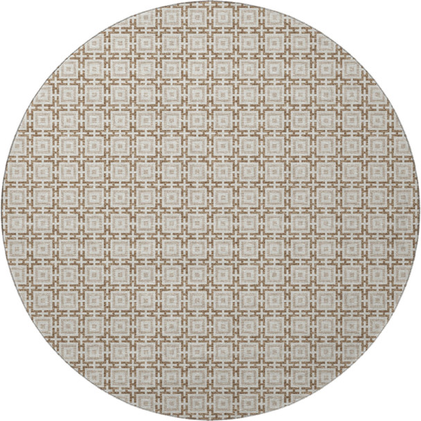 8' Taupe And Beige Geometric Washable Round Rug With UV Protection