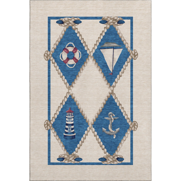 8' X 10' Ivory Blue And Red Nautical Washable Area Rug With UV Protection