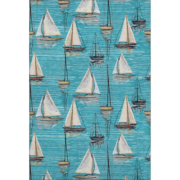 3' X 5' Teal Blue Ivory And Gold Nautical Washable Area Rug With UV Protection