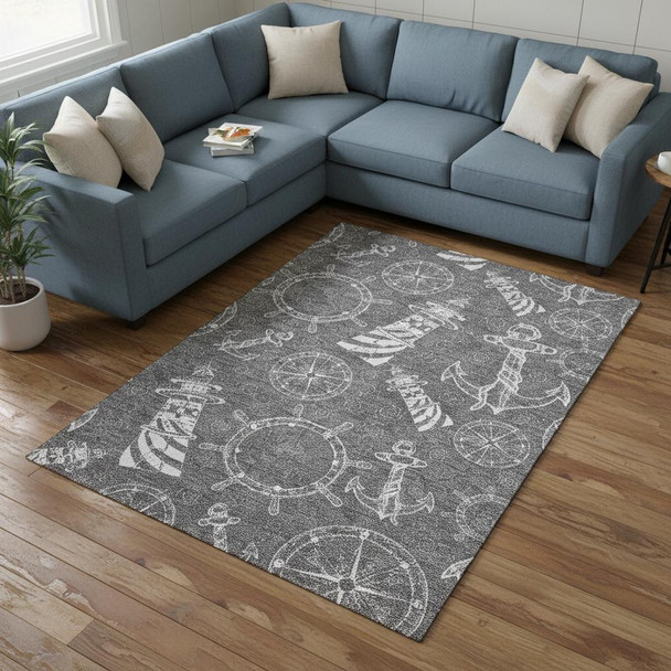 9' X 12' Gray And Ivory Nautical Washable Area Rug With UV Protection