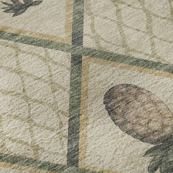 5' X 8' Beige Gold And Gray Botanical Leaves Washable Area Rug With UV Protection
