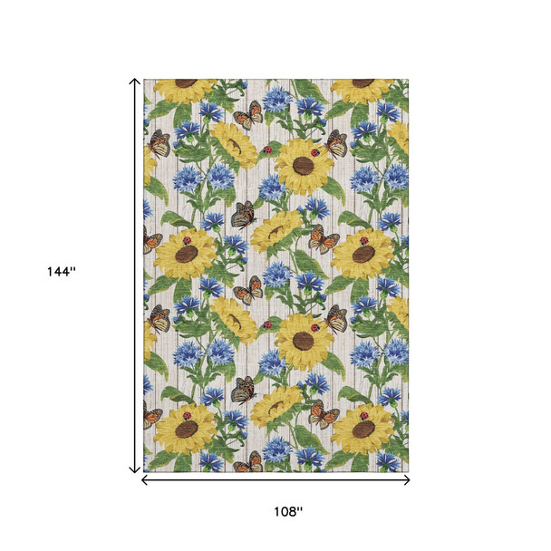 9' X 12' Yellow Green And Blue Geometric Washable Area Rug With UV Protection