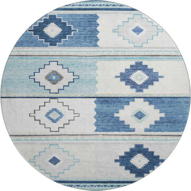 8' Blue And Ivory Geometric Washable Round Rug With UV Protection