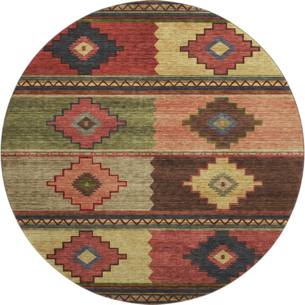 8' Rust Green And Gold Geometric Washable Round Rug With UV Protection