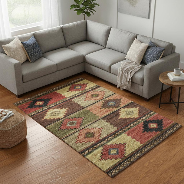 9' X 12' Rust Green And Gold Geometric Washable Area Rug With UV Protection