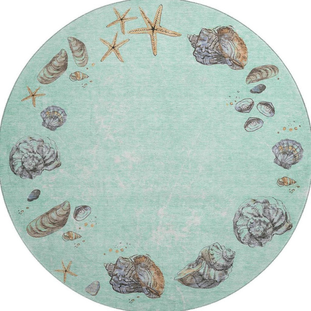 8' Green Light Blue And Beige Geometric Washable Round Rug With UV Protection
