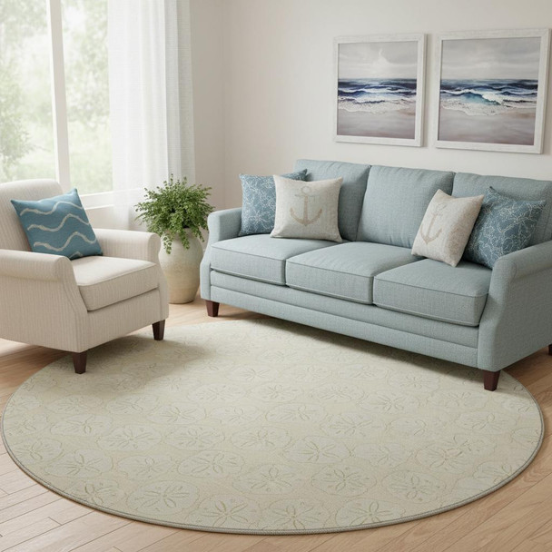 8' Sand And Ivory Geometric Washable Round Rug With UV Protection