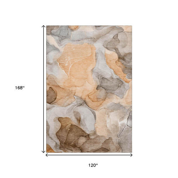 10' X 14' Orange Gray And Ivory Abstract Washable Area Rug With UV Protection