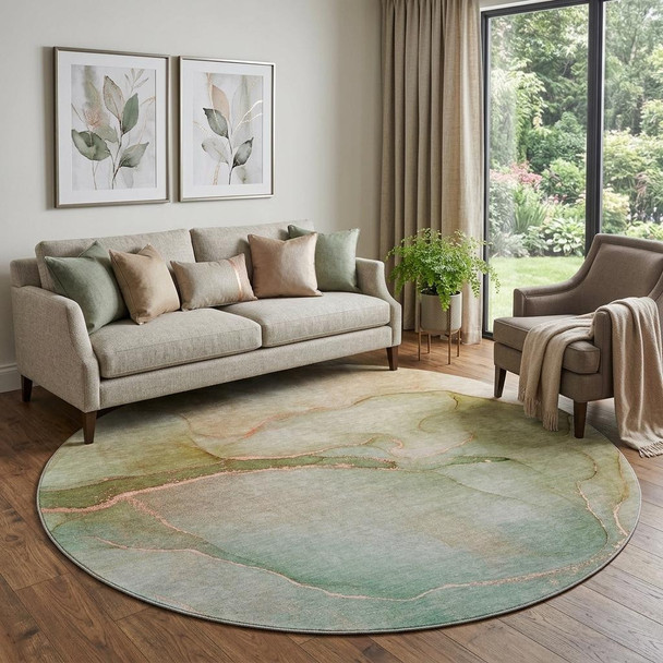 8' Teal And Ivory Abstract Washable Round Rug With UV Protection