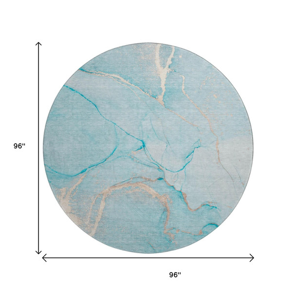8' Teal And Ivory Abstract Washable Round Rug With UV Protection