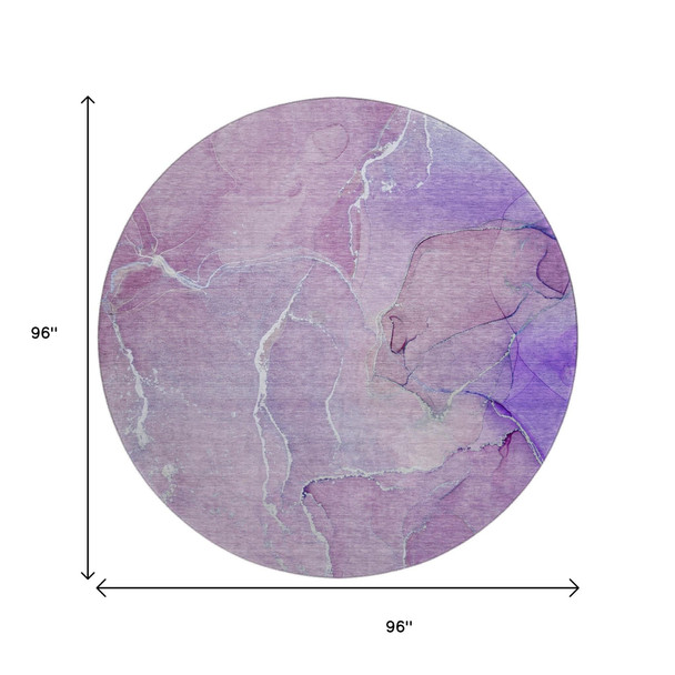 8' Purple And Ivory Abstract Washable Round Rug With UV Protection