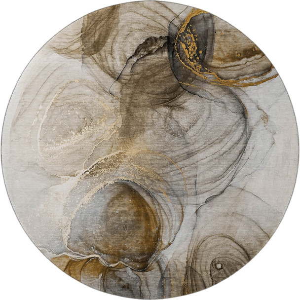 8' Brown And Ivory Abstract Washable Round Rug With UV Protection