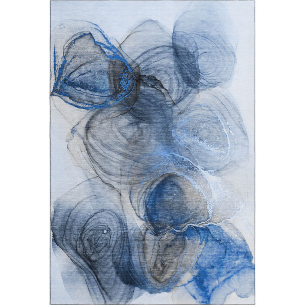 3' X 5' Navy Blue And Ivory Abstract Washable Area Rug With UV Protection