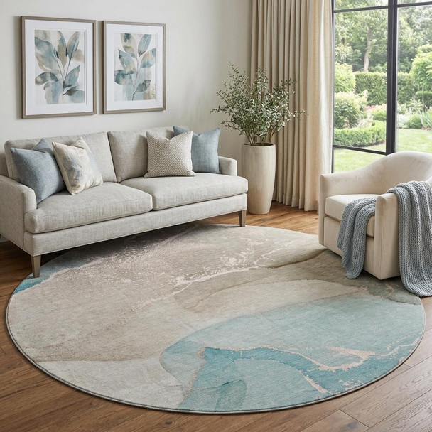 8' Teal Beige And Ivory Abstract Washable Round Rug With UV Protection