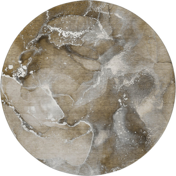 8' Brown Ivory And Gray Abstract Washable Round Rug With UV Protection