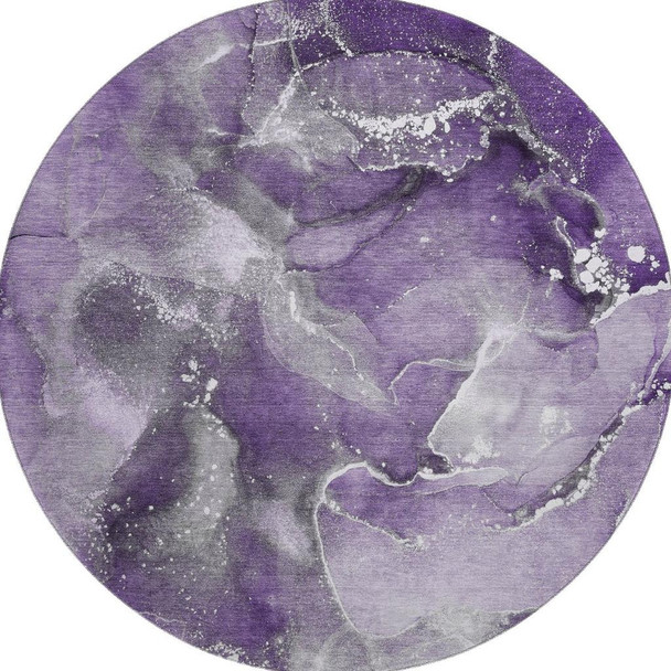 8' Purple And Ivory Abstract Washable Round Rug With UV Protection