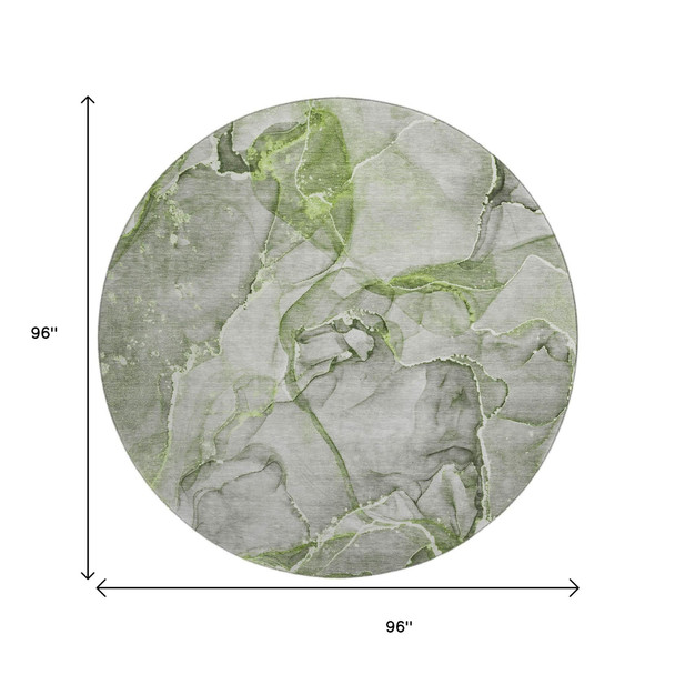 8' Green And Ivory Abstract Washable Round Rug With UV Protection