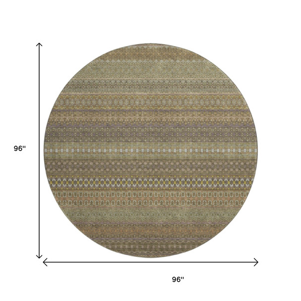 8' Khaki And Ivory Striped Washable Round Rug With UV Protection
