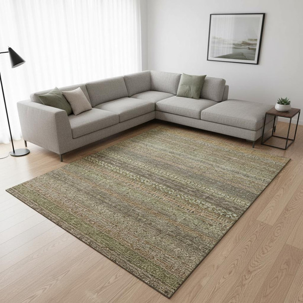 8' X 10' Khaki And Ivory Striped Washable Area Rug With UV Protection