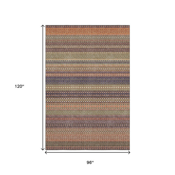 8' X 10' Rust And Purple Striped Washable Area Rug With UV Protection