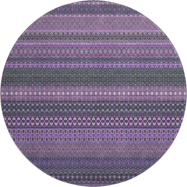 8' Purple And Ivory Striped Washable Round Rug With UV Protection
