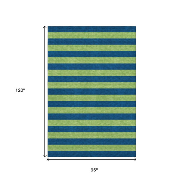 8' X 10' Navy Blue And Green Striped Washable Area Rug With UV Protection