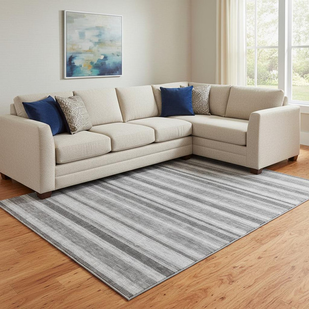 9' X 12' Silver And Gray Striped Washable Area Rug With UV Protection