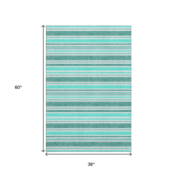 3' X 5' Turquoise And Ivory Striped Washable Area Rug With UV Protection