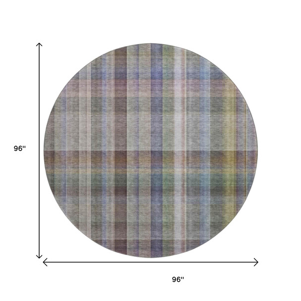8' Pewter And Purple Plaid Washable Round Rug With UV Protection