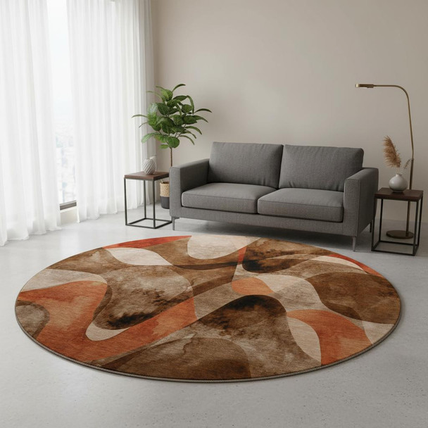 8' Chocolate Beige And Copper Abstract Washable Round Rug With UV Protection