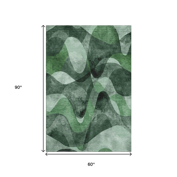 5' X 8' Fern Green Gray And Ivory Abstract Washable Area Rug With UV Protection